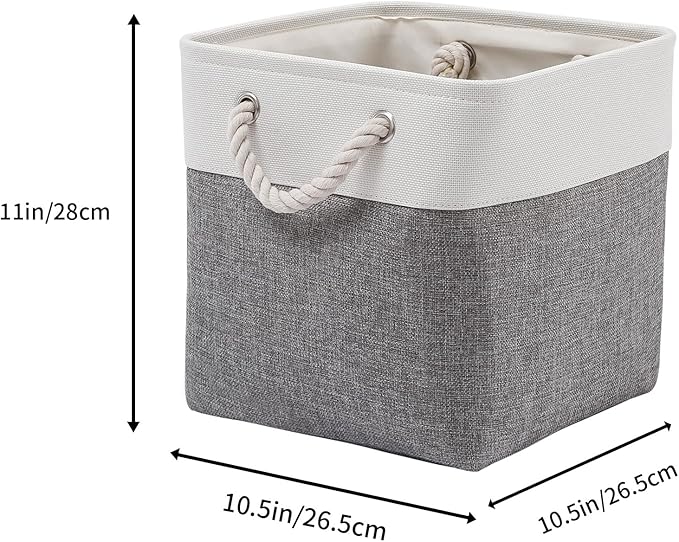 Fabric Storage Bins, 11 inch cube storage bins with Handles, 11x11cube storage organizer bins, Collapsible Storage Bins for Shelves and Home, Cubby Storage Cubes (white-gray, 10.5x10.5x11in)
