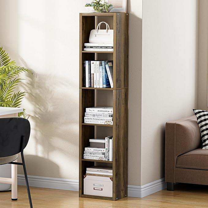 Tall Cube Storage Organizer Bookcase, 5 Tier 11 inch Open Back Cubical Shelf with Thickened Border, Display Bookshelf for Living Room, Home Office, Sturdy Room (Brown, 5 Cube,Vertical)