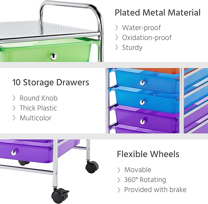 Yaheetech 10 Drawer Cart Rolling Plastic Storage Cart and Organizer Multipurpose Mobile Rolling Utility Storage Organizer for Home Office School and Workshop, Multicolor