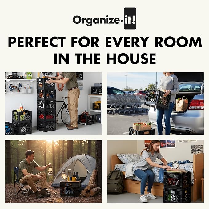 ORGANIZE-IT! 4 Pack Storage Milk Crate, Heavy Duty Versatile Box Organizers with Easy-Grip Handles, Interior 12.25"L x 12.25"W x 10.5"H, Black