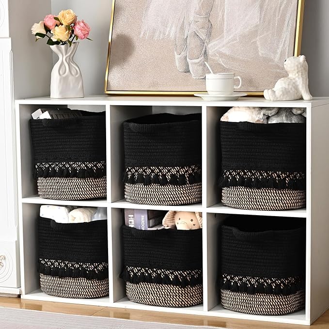 6 Pack Storage Basket for Shelves, Boho Cotton Rope Storage Bins with Heavy Tassel, Shelf Baskets Large Woven Baskets for Organizing, Cube Organizer Bins, Baby Laundry Basket for Clothes, Toys, Pets