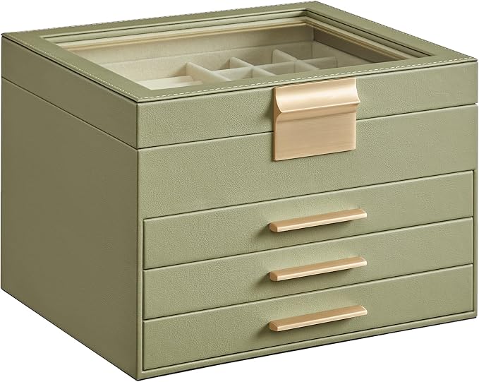 SONGMICS Jewelry Box Organizer with Glass Lid, 4-Layer Jewelry Storage, with 3 Drawers, Modern Style, Christmas Gift, 8 x 9.1 x 6.5 Inches, Avocado Green and Gold Color UJBC173C02