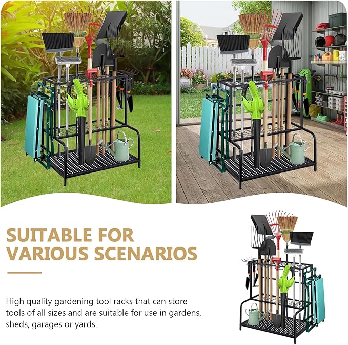 Garden Tool Storage Rack, 3 Tier Heavy-Duty Steel Garden Tool Organizer Stand Up To 70 Long Handled Shovels/Rakes/Brooms, 24×16×26inch Garage Tool Shelf for Shed, Yard, Garage