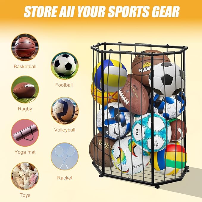Garage Ball Storage Holder,Elastic Cord Design Can Floor-Standing & Wall-Mounted Use,Used for Basketball,Footbal,Volleyball,Rugby,Home or Outdoors Sports Equipment Storage Ball Rack。(Black)