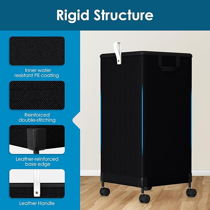 2Pcs Laundry Basket with Wheels 105L, Large Rolling Laundry Hamper with Removable Bag, Metal Frame Collapsible Dirty Clothes Bin, Cloth Organizer Hampers Pull Handle for Bathroom, Dorm, Bedroom Black