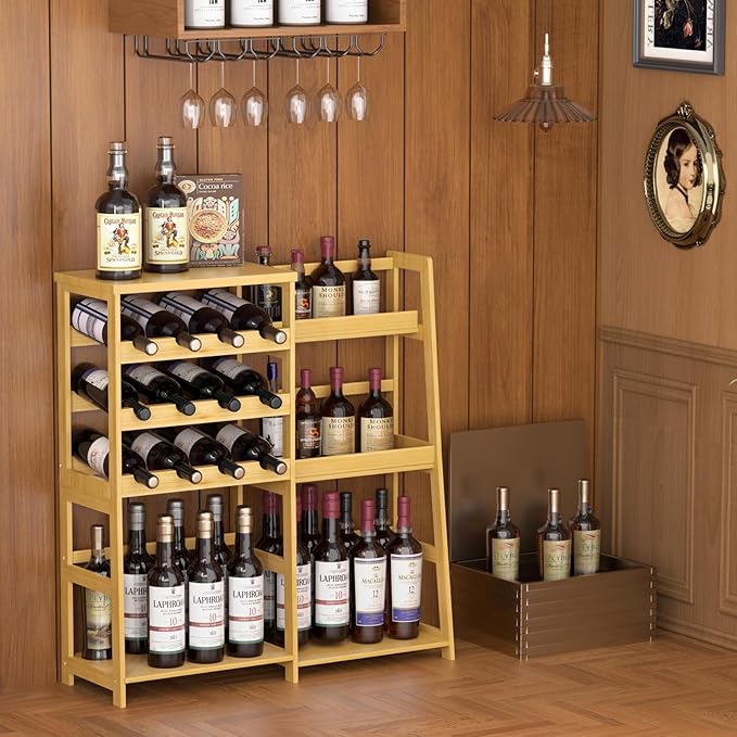 VASMIA Versatile Liquor Stand for Home Bar, Wine Rack Freestanding Floor, Mini Bar Table with Bamboo Trapezoidal Liquor Bottle Display Shelf Cabinet for Living Room, Natural