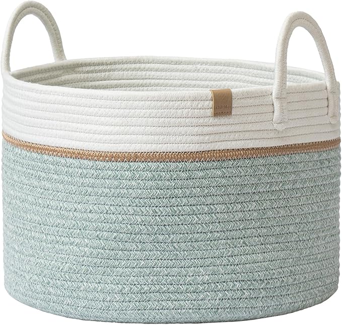 LA JOLIE MUSE Braided Basket, Cotton Rope Storage Baskets, Large Cotton Basket, Laundry Basket for Blanket, Children's Toys, Basket S Laundry Basket for Children's Room, Ivy Green, 32 Liter