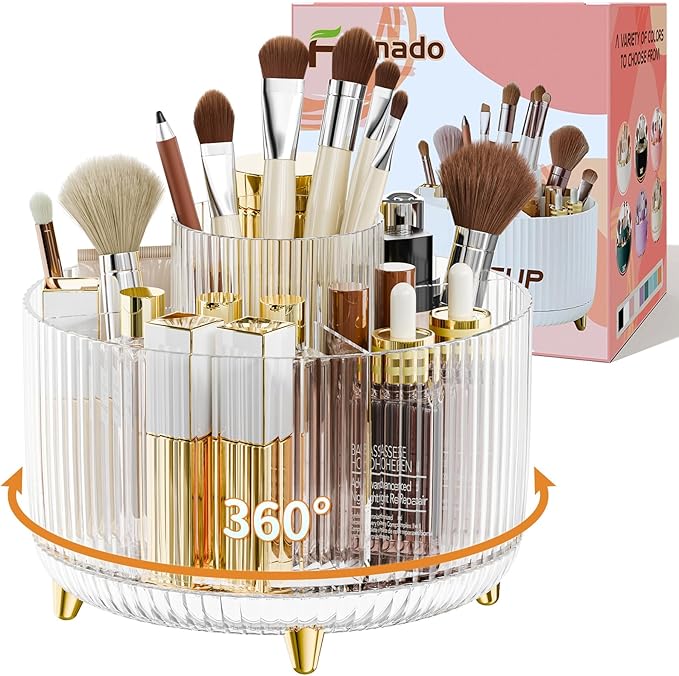 360° Rotate Makeup Brush Holder Organizer, Makeup Organizers Countertop, Makeup organization and Skincare Storage for Vanity, Desktop, Bathroom (Clear)