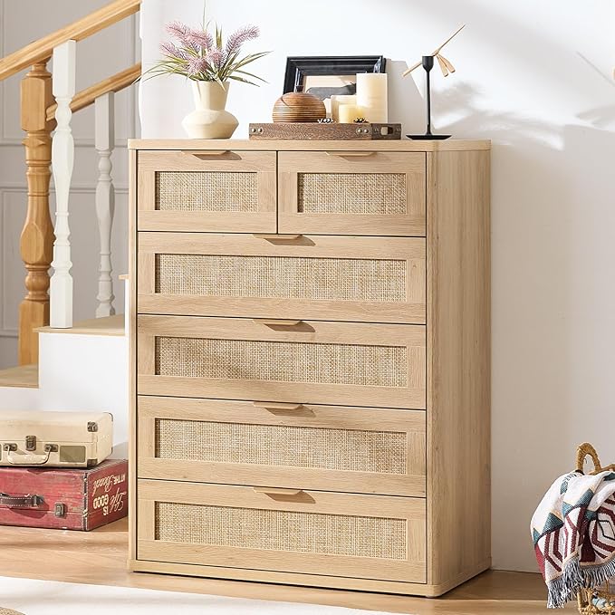 LEYAOYAO Rattan Dresser for Bedroom, 42" Tall Chest of Drawers, Modern 6 Drawers Boho Dressers with Storage, Light Oak Dresser Wooden Closet Organizer for Living Room, Hallway, Natural Wood