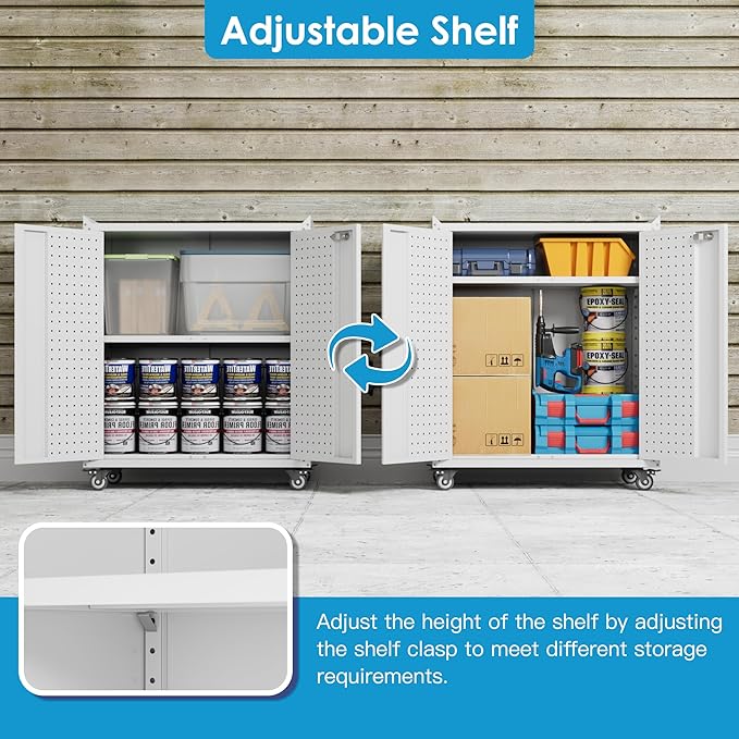 SUXXAN Metal Storage Cabinet with 2 Doors and 4 Hooks,34" H Top Workbench Mobile Tool Chests Garage Cabinets with 4 Wheels and Lock/Push Arm for Home,Office,Shop(White)