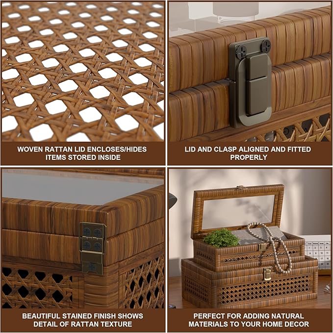 Rattan Decorative Box,Boho Display Boxes with Lids,Set of 2 Rectangular Wicker Storage Decoration,Natural Woven Cane Bins for Home Decor for Rustic Farmhouse(Brown)