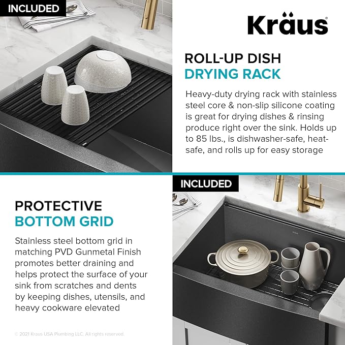 KRAUS Kore Workstation 27-inch Farmhouse Apron Front 16 Gauge Black Stainless Steel Single Bowl Kitchen Sink in PVD Gunmetal Finish with Accessories, KWF210-27-PGM