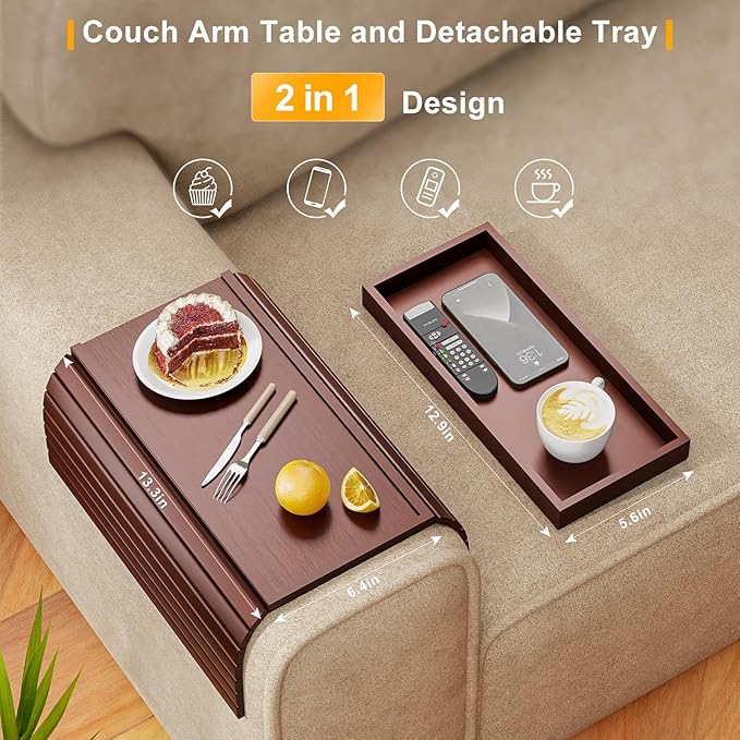 Sofa Armrest Tray Table for Couch - 2-in-1 Foldable Couch Arm Table with Be Slide Detachable Tray - Anti-Slip Sofa Armchair Caddy for Drinks Cup Cellphone TV Remote Snacks (Walnut)