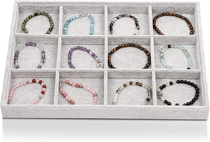 Juvale Velvet Stackable Jewelry Organizer Tray - 12-Grid Bracelet Holder & Ring Organizer - Velvet Jewelry Tray with Soft Compartments - Bracelet Holder Drawer Fits Standard Drawers - 14 x 9.5 In Gray
