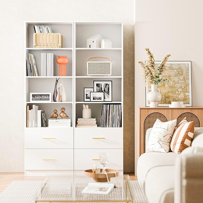 Cozy Castle 74.1'' Bookshelf,Tall Bookcase with Drawers, 4-Tier Open Bookshelf with Adjustable Storage Shelves,23.6 Inches Wide Floor Standing Bookcase for Home Office,Bedroom,Living Room,White