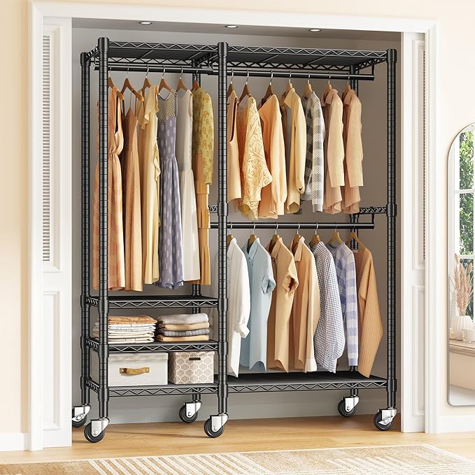 Raybee 79" H Clothes Rack, Clothing Racks for Hanging Clothes, Portable Closet with Wheels and 4 Tiers Adjustable Shelves, Black
