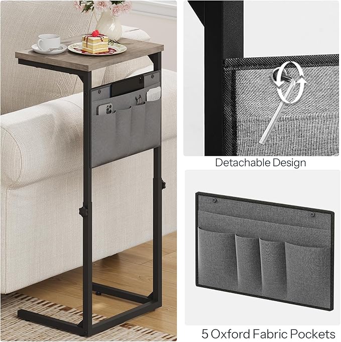 HOOBRO C Shaped End Table, 29.5’’ Adjustable Height Side Table with Storage Pockets, Couch Table Slide Under for Sofa, Small Space, for Living Room, Bedroom, Greige and Black BG77SF01