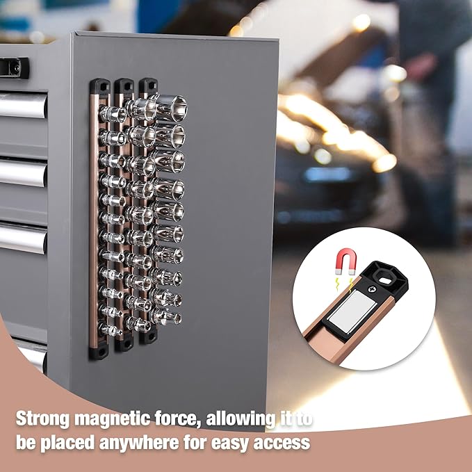 WORKPRO Magnetic Socket Organizer, 1/2-Inch Drive Aluminum Alloy Socket Rail, Heavy Duty Socket Holder, Socket Rack Kit 1/2-Inch x 10 Clips Champagne (Socket not Included)