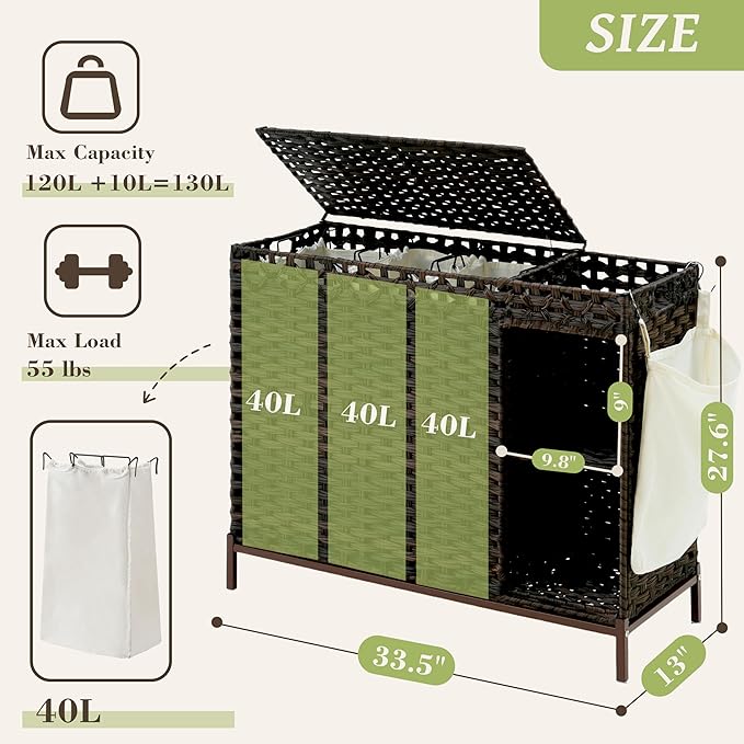 Laundry Hamper with Lid, 130L(34.4 Gal) Rattan Laundry Hamper 3 Section with 50L (13.2 Gal) Storage Shelf, Wicker Woven Laundry Sorter Basket with 4 Liner Bags and Handles, Brown GLH003BR