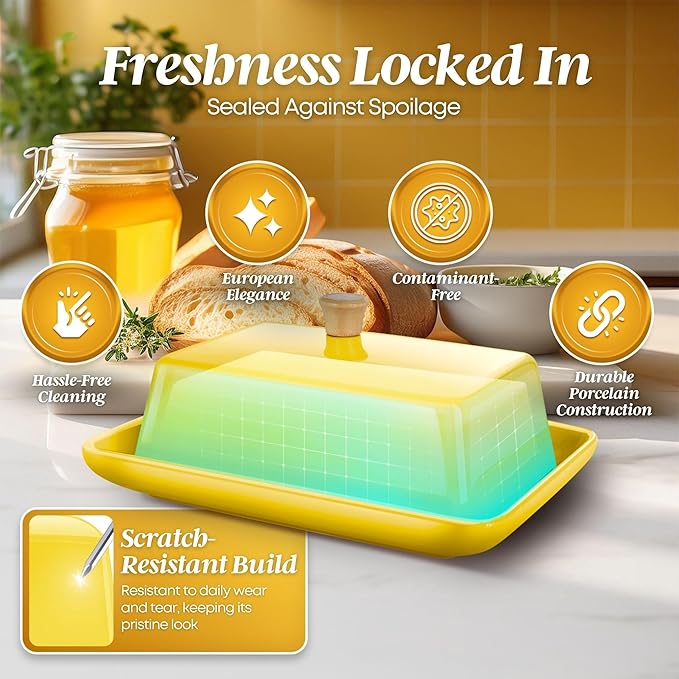 Flexzion Ceramic Yellow European Butter Dish with Lid for Countertop (8 Inch) - Wide 2 Stick Double Butter Holder for Counter, Cream Cheese Container Storage Keeper