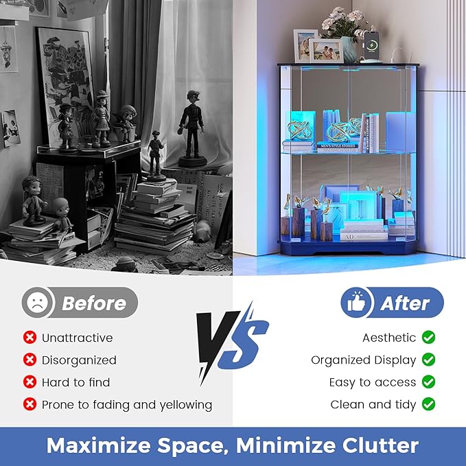Corner Display Cabinet Set of 2 with Glass Doors, Small Display Case with 3-Color LED Lights and Charging Station, 2-Tier Curio Cabinet with Storage and Shelf, Black