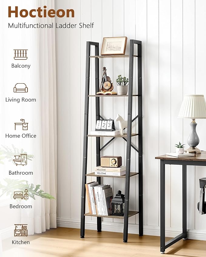 Hoctieon 5-Tier Industrial Ladder Bookshelf, Narrow Ladder Shelf, Tall Standing Bookshelf, Skinny Open Ladder Shelf, for Living Room, Home Office, Kitchen, Bedroom, Metal Frame, Greige