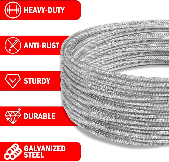 40ft Clothes Line Outdoors 3/16" Wire Ropes Silver PVC Coating Laundry Drying Clothesline with Metal Hooks and Snap Heavy Duty for Umbrella Travel Outside Camping Backyard