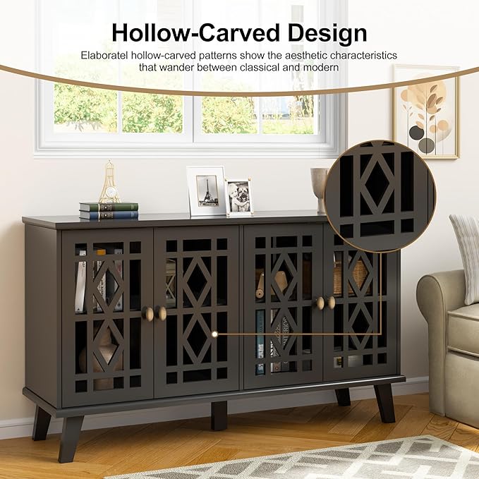 Scurrty 52" Buffet Cabinet with Storage,Sideboard with 4 Doors, Skeletonized Coffee Bar with Storage, Sideboard Cabinet for Dinning Room, Kitchen & Living Room (Black)
