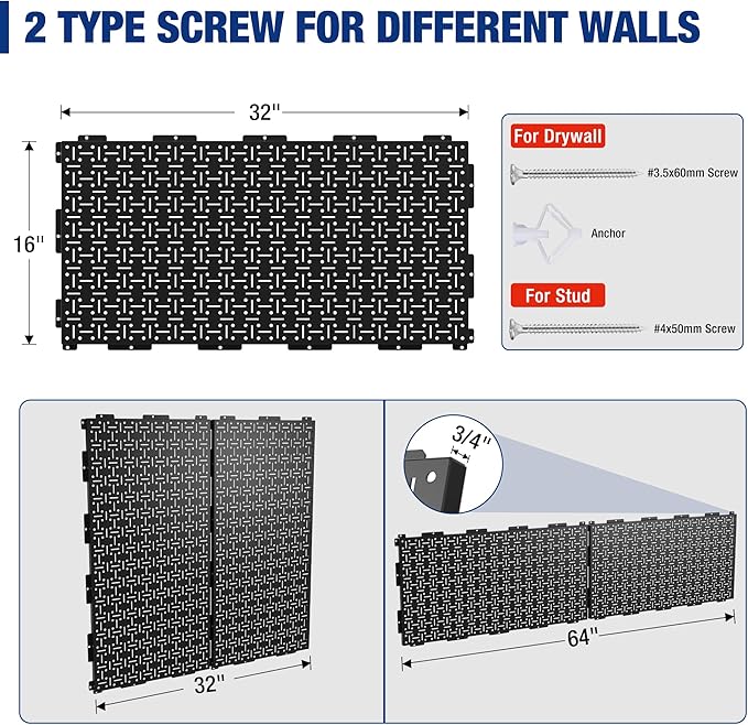 WORKPRO Metal Pegboard 16”x 32” Steel Panel with Round Holes & Vertical Slots, Black Heavy Duty Garage Peg Board Wall Pegboard Organizer for Wood Working Work Shop, Craft Room, 2 Pack
