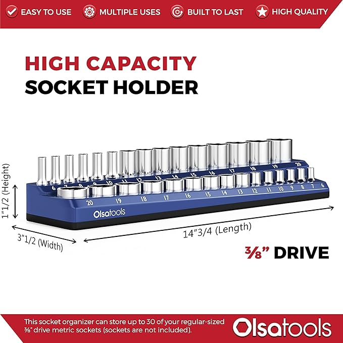 Olsa Tools Magnetic Socket Holder | 3/8-inch Drive | Metric | Blue | Holds 30 Sockets | Professional Quality Tools Organizer