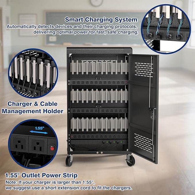 36 Bay Intelli-Sense Charging Cart for Chromebook, Tablets and Laptop, Classroom Locking Charging Station with Keypad Lock and Charger Storage for School, Classroom, Library, Office and More