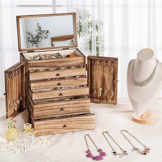 Emfogo Wooden Jewelry Box for Women, 6-Tier Large Jewelry Organizer Boxes with Mirror Rustic Solid Wood jewlery Storage Display for Rings Earrings Necklaces Bracelets watches(Carbonized Black)