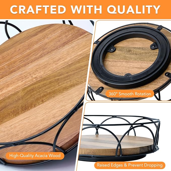 Acacia Wood 9" Lazy Susan Turntable Organizer for Cabinet, Round Wooden Lazy Susan Organization and Storage for Dining Table, Pantry, Kitchen, Countertop, Cupboard