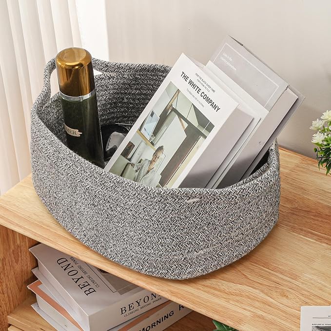 Small Woven Cotton Rope Basket Cute Baby Gift Baskets Empty Decorative Storage for Organizing Shelves Closet Baby Nursery Basket Bin Toy Storage Tote Organizer 13.7"x10.2"x5" Grey easter