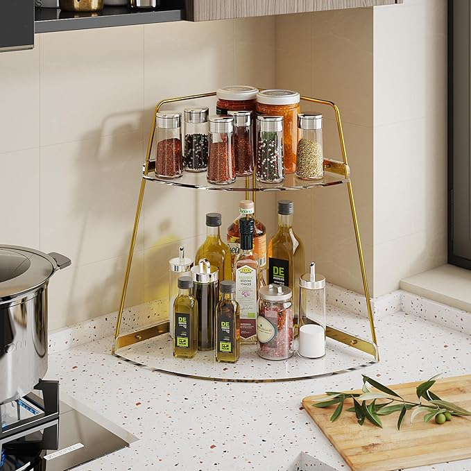 NiHome 2-Tier Acrylic Countertop Corner Organizer for Bathroom Kitchen Bedroom, Corner Skincare Organizers Makeup Organizer for Vanity Storage - Sturdy Metal Frame & Anti-Slip Pads, Home & Office Use