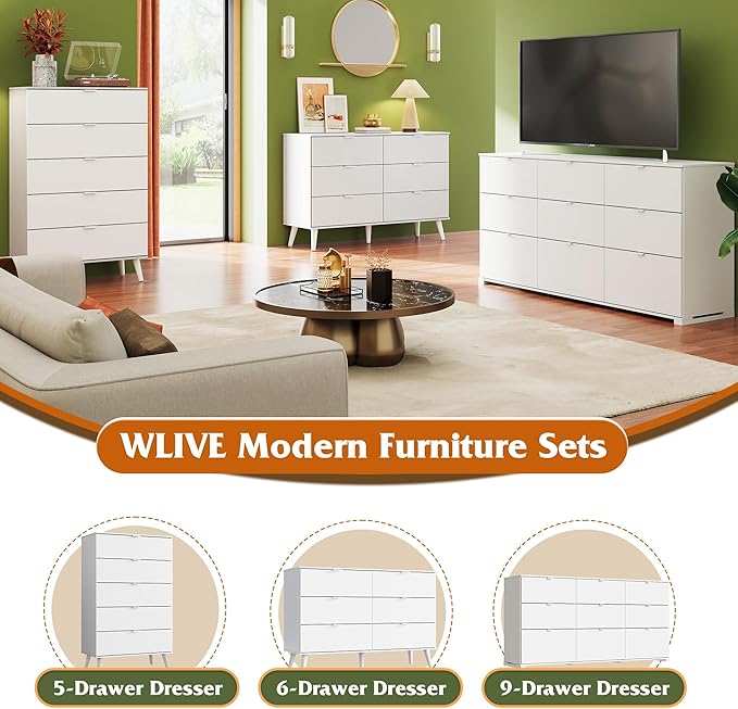 WLIVE 5 Drawer Dresser for Bedroom, Tall Wooden Dresser, White Dressers Storage Organizer with Sturdy Metal Handle, Chest of Drawers for Living Room, Hallway, Closet