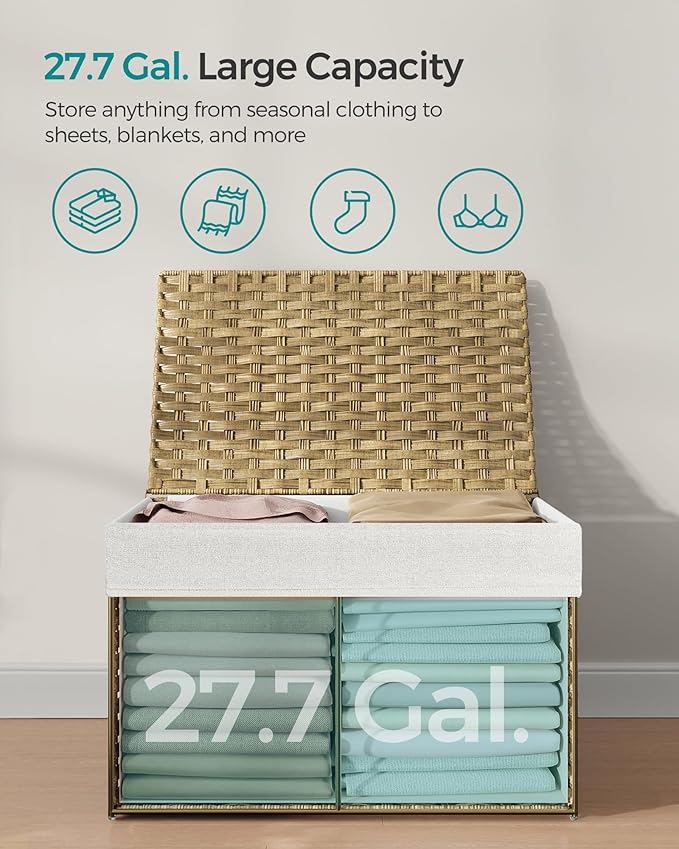SONGMICS Storage Basket with Lid, Woven Blanket Storage Bin with Handles, Foldable, Removable Liner, Metal Frame, for Bedroom, Laundry Room, 27.7 Gallons (105 L), Natural URST066N01