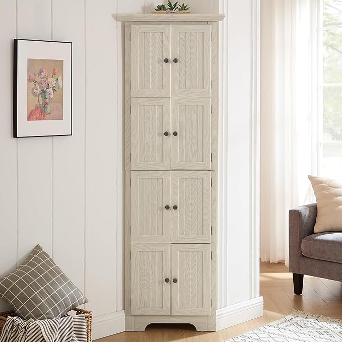 72" H Farmhouse Corner Storage Cabinet with 8 Doors & 4 Shelves, 4 Tier Kitchen Corner Pantry Cabinet Wooden Organizer Case Bookshelf, Home Space Saver Cabinet for Kitchen,Living Room(White)