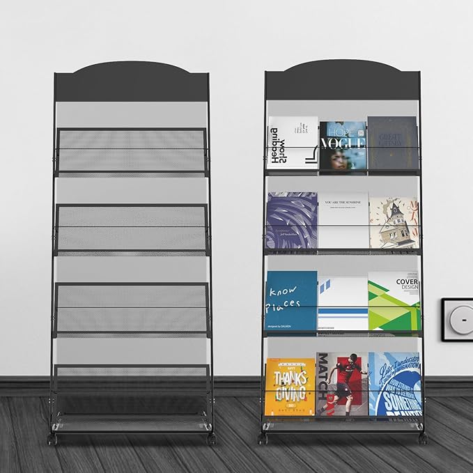 Floor-Standing Magazine Rack 4-Layer with Wheels, Semi-arched top Brochure Display Stand, High-hardness metal for Exhibitions, Office, and Any Organization Requiring Information Display (Arc-Black)