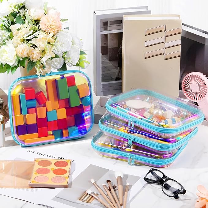 Hoolerry 4 Pcs Hard Clear Zipper Case Makeup Bags Plastic Pencil Pouch Transparent Storage Box Containers for Cosmetics, Snacks, Building Blocks, Puzzles(Blue Laser,9.8 x 7.9 x 2 in)