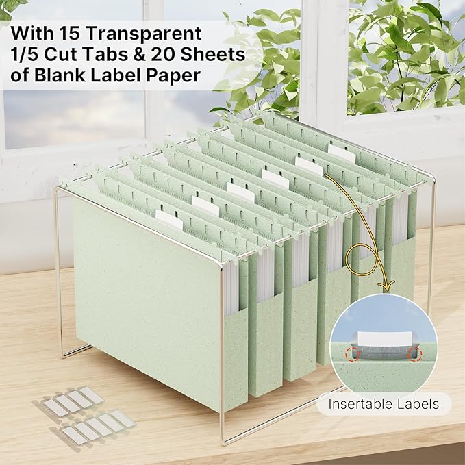 Wheat Straw Plastic Hanging File Folder Letter Size,Heavy Duty 1 Inch Expansion,12 Pack Extra Capacity Hang Folders for Filing Cabinet,Reinforced File Pockets Folder with Tabs(Morandi Green)