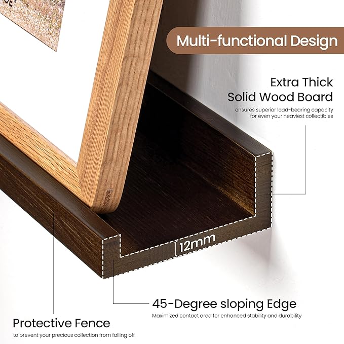 Picture Ledge Shelf, Floating Shelves Set of 2, 48 Inches Solid Wood Nursery Book Shelves for Toys Storage, Kids Bookshelf Wall Mounted for Living Room Bedroom Decor Books Photo Frames, Walnut