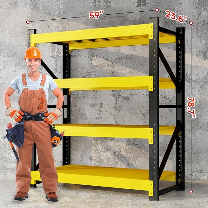 5000LBS Garage Storage Shelves, 59" W Garage Shelving Heavy Duty Adjustable Shelving Unit, 4 Tier Metal Utitly Shelves Industrial Shelving for Warehouses,Basement,Black Yellow