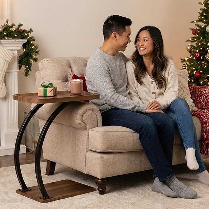 C Shaped end Table,2tier Large Tray Wood top,Easy Install Heavy Duty Side Table,TV Tray for Couch Sofa