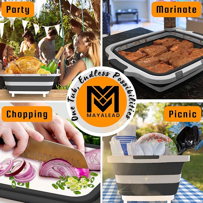 MAYALEAD BBQ Prep Tub with 2 Pcs Meat Shredder Claws, Collapsible Cutting Board, Cutting Board with Locking Lids, Drip Easy BBQ Prep Tub with lid-XL Size (Black)