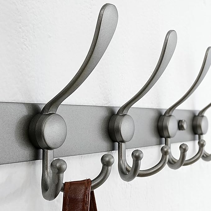 Dseap Coat Rack Wall Mounted - 5 Tri Hooks, Heavy Duty, Stainless Steel, Metal Coat Hook Rail for Coat Hat Towel Purse Robes Mudroom Bathroom Entryway (Grey, Pack of 2)
