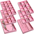Frebeauty Jewelry Organizer Tray,Stackable Velvet Jewelry Trays,Drawer Inserts Earring Organizer For Women Jewelry Storage Display Case for Rings Stud Necklaces,Set of 6(Pink)