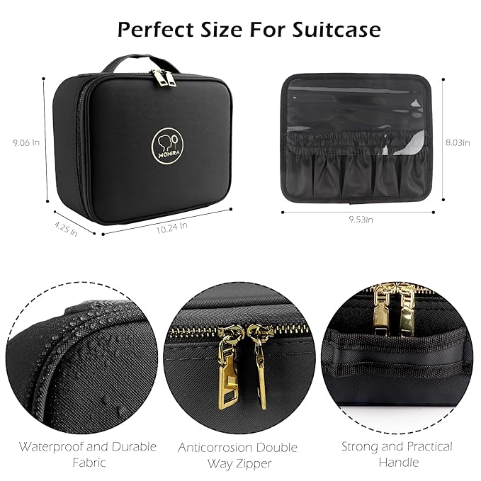 MOMIRA Travel Makeup Bag Cosmetic Bag Makeup Organizer Bag with Lighted Mirror, Adjustable Brightness in 3 Color Scenarios, Waterproof Makeup Train Case, Gift for Women - Black