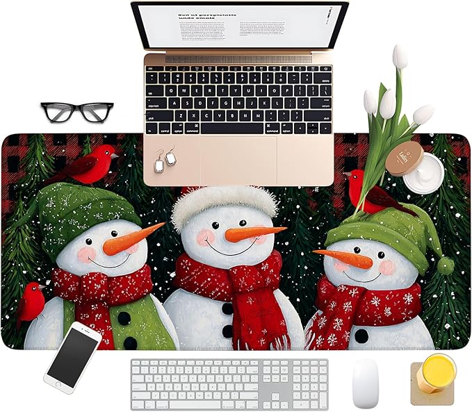 Three Snowmen Gaming Mouse Pad 35.4"x15.7"Desk Mat Anti-Slip Rubber Base & Durable Stitched Edges for Gamers Smooth Mouse Writing Surface for Desk Office/Home