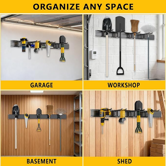 Garage Tool Organizer Wall Mount, 48inch Heavy-Duty Garage Storage System and Garden Tool Organizer with 9 Adjustable Hooks for Shovel, Snowboard, Yard Tools and Shed